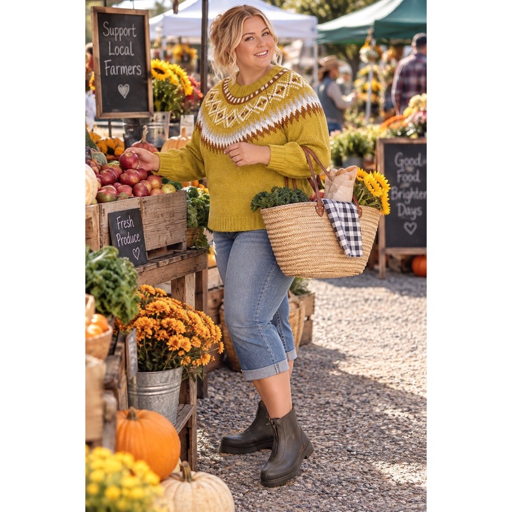 American Eagle Womens Sweater Small Yellow Fair Isle Nordic Cabin Core Cropped